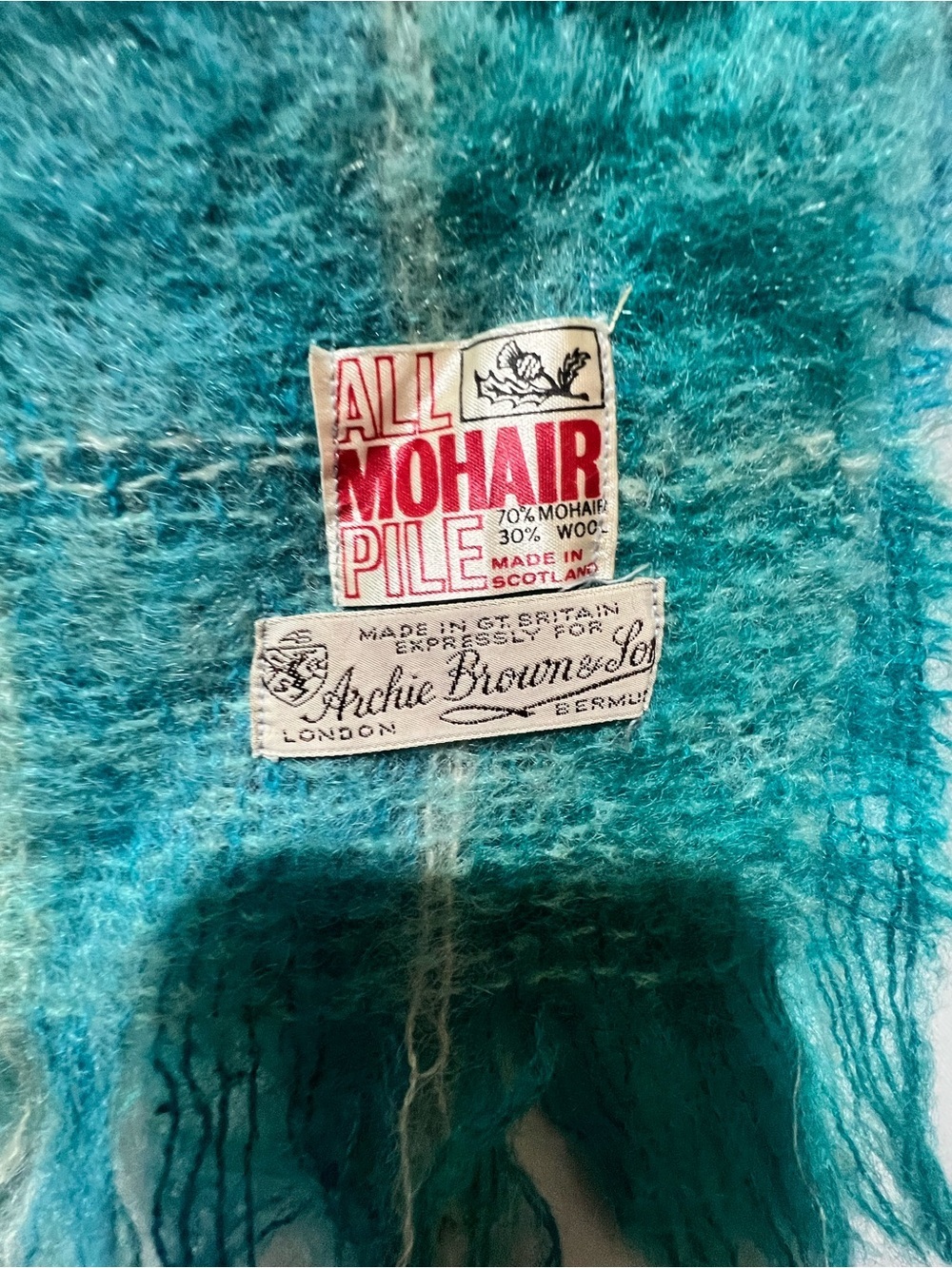 Vintage Made in Scotland 70% Mohair 30% Wool Plaid Fringe Scarf Turquoise Teal - Picture 5 of 6